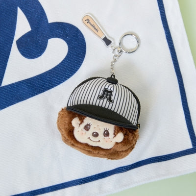 Monchhichi 臉形小袋鎖匙扣 棒球款 黑色