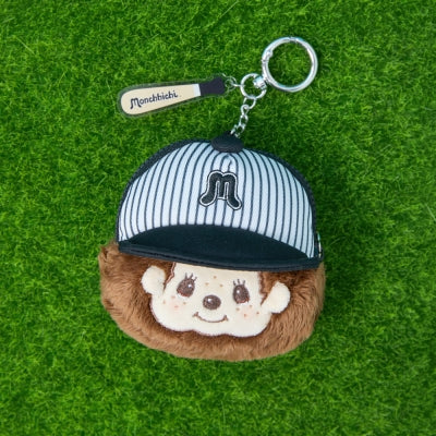 Monchhichi 臉形小袋鎖匙扣 棒球款 黑色